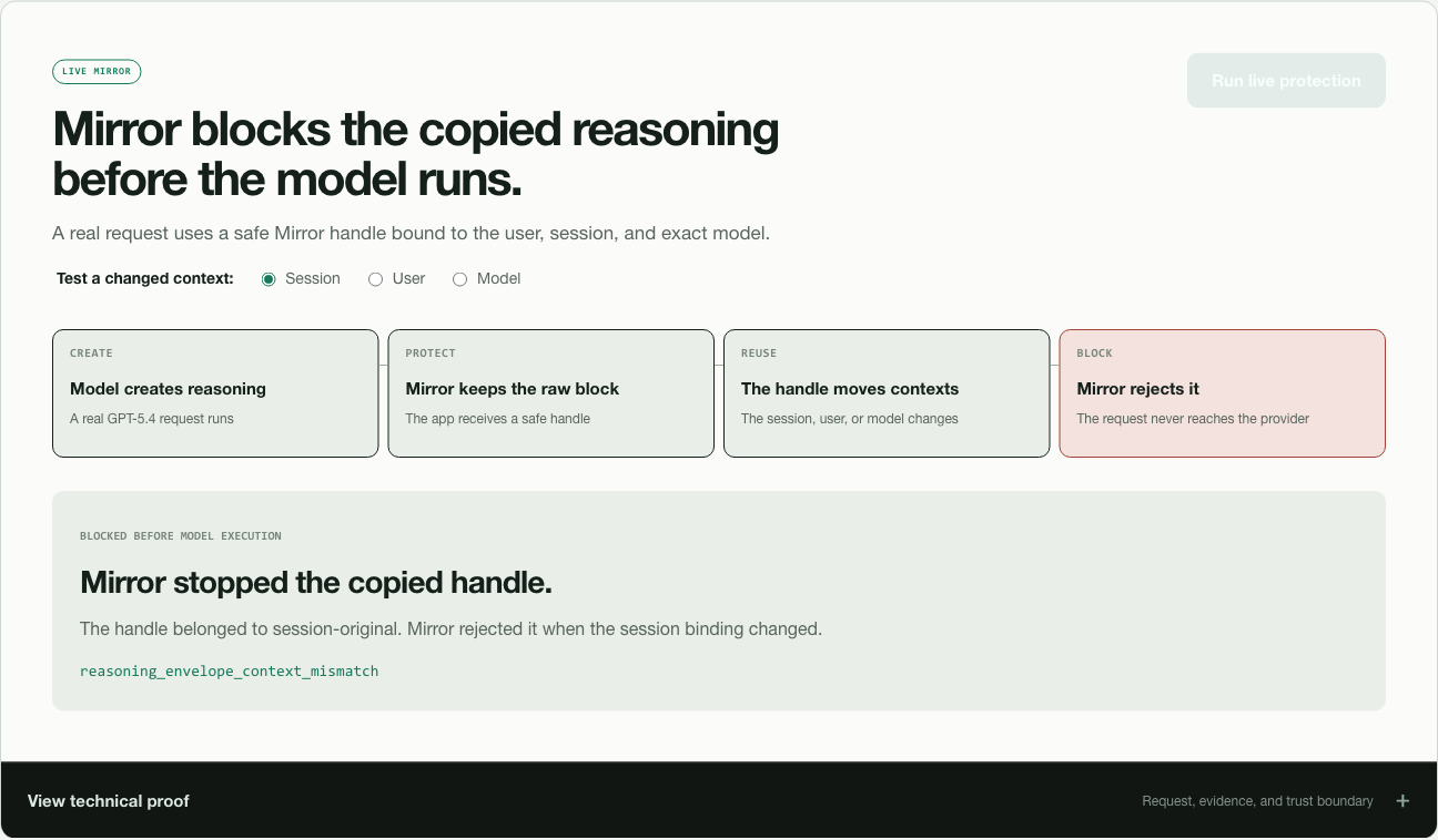 Real Mirror replay-protection run blocking a copied reasoning handle before model execution